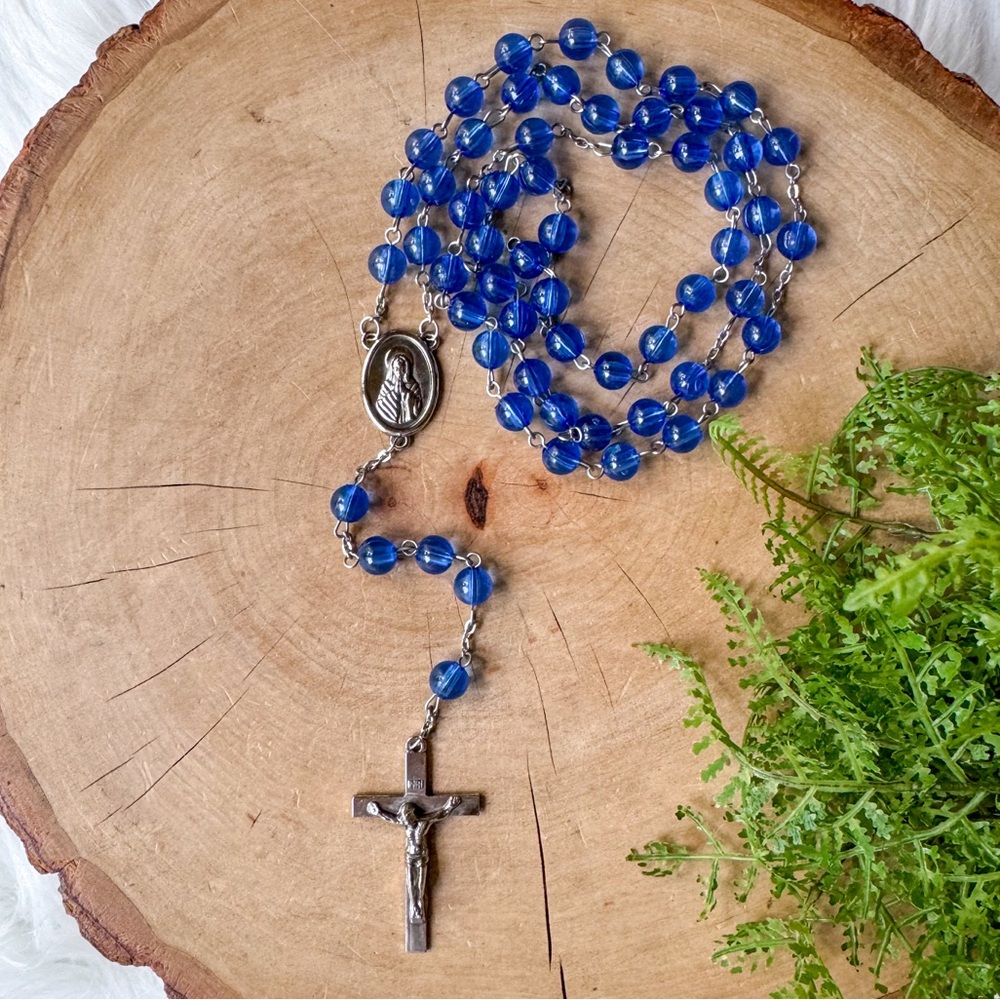 VINTAGE POPE JOHN PAUL II  BLUE NECKLACE BEAD SILVER CATHOLIC CHRISTIAN ROSARY